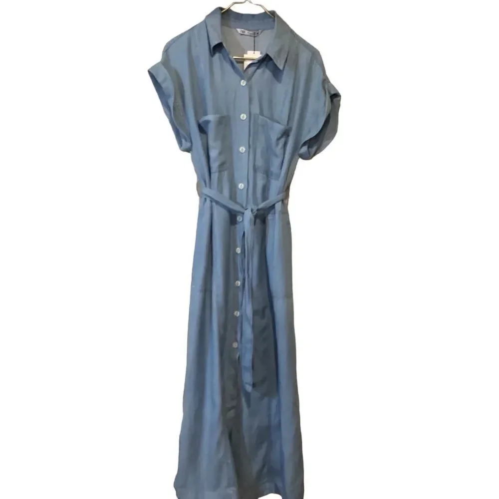 New Zara soft denim Shirt Midi Maxi belted Dress size Medium linen blend